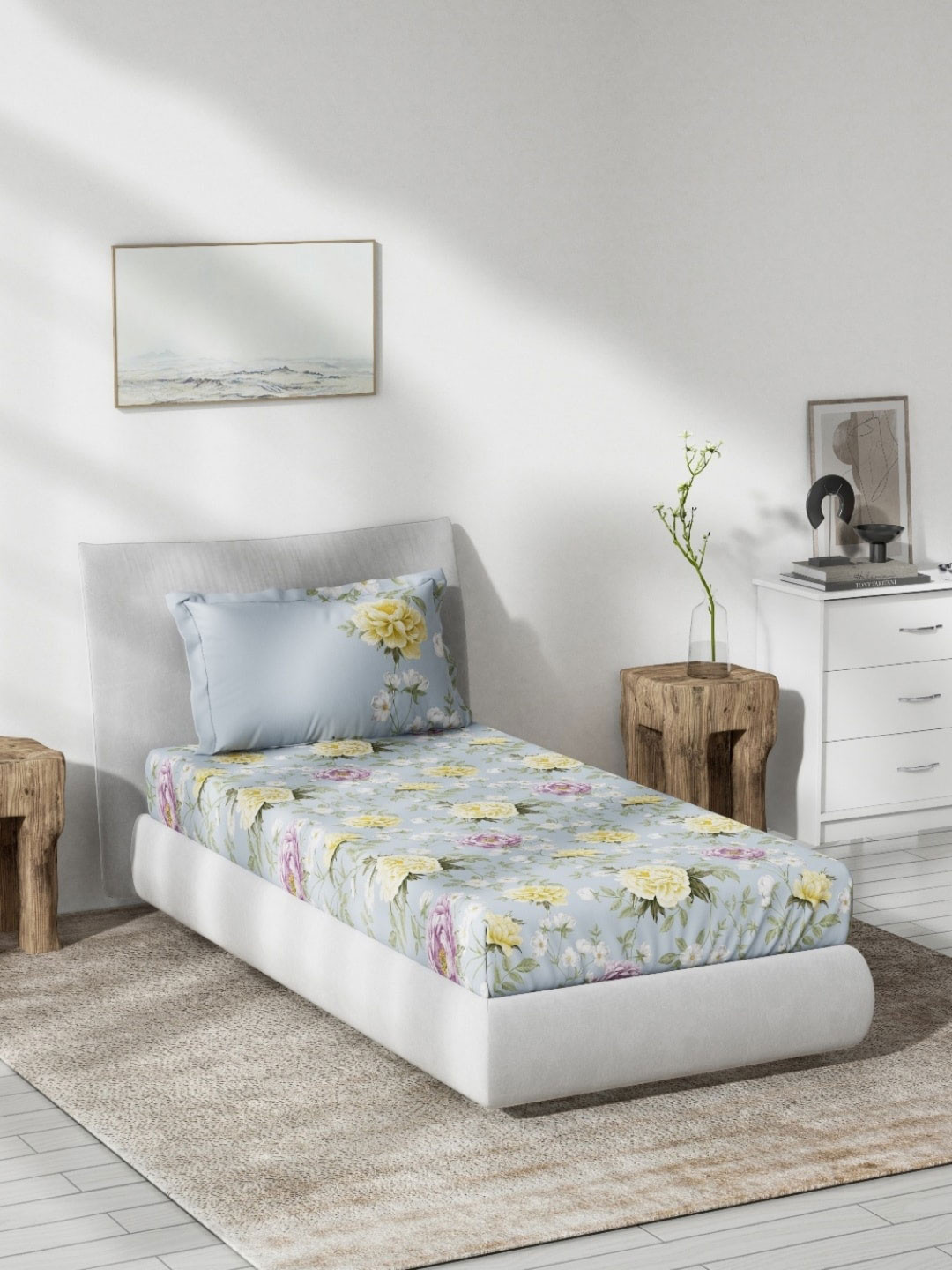 DDecor Blue Floral Cotton Skin-Friendly 140 TC Single Bedsheet with a Pillow Cover-190 x 250 cm
