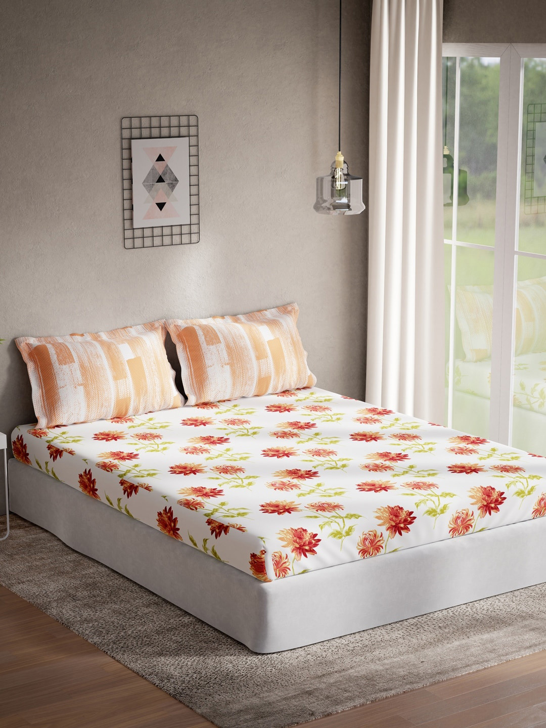 DDecor Red & White Floral 144 TC Cotton Queen Bedsheet with 2 Pillow Covers