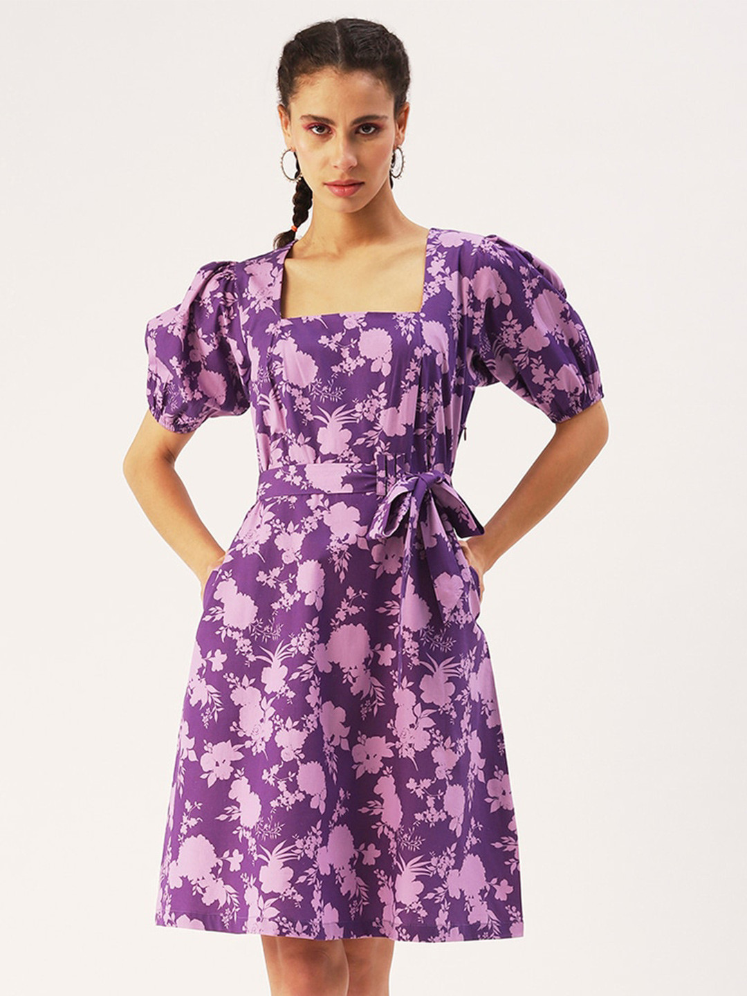 DressBerry Floral Printed Cotton Puff Sleeves A-Line Dress