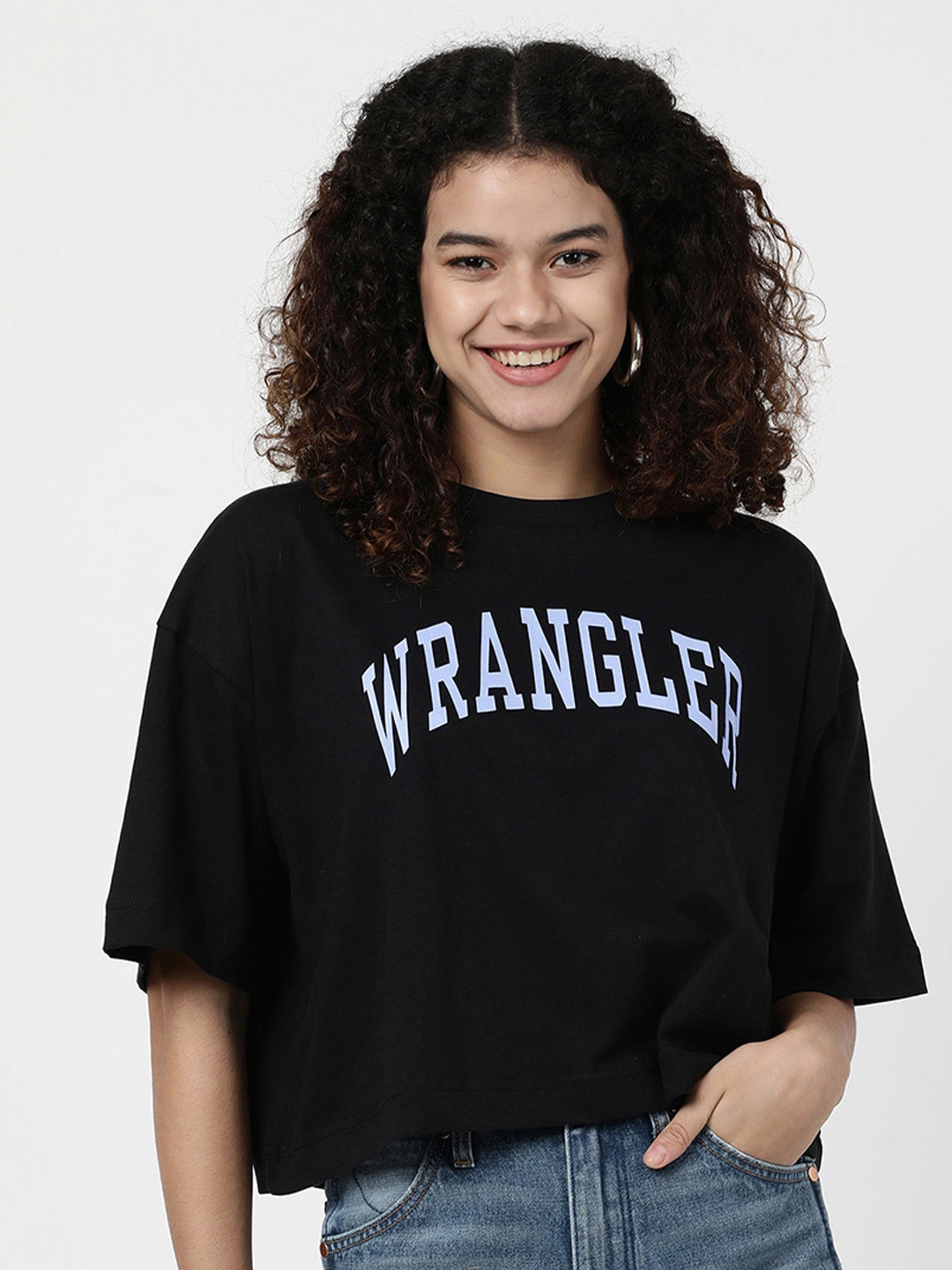 Wrangler Women Typography Printed Drop-Shoulder Sleeves Boxy Cotton T-shirt
