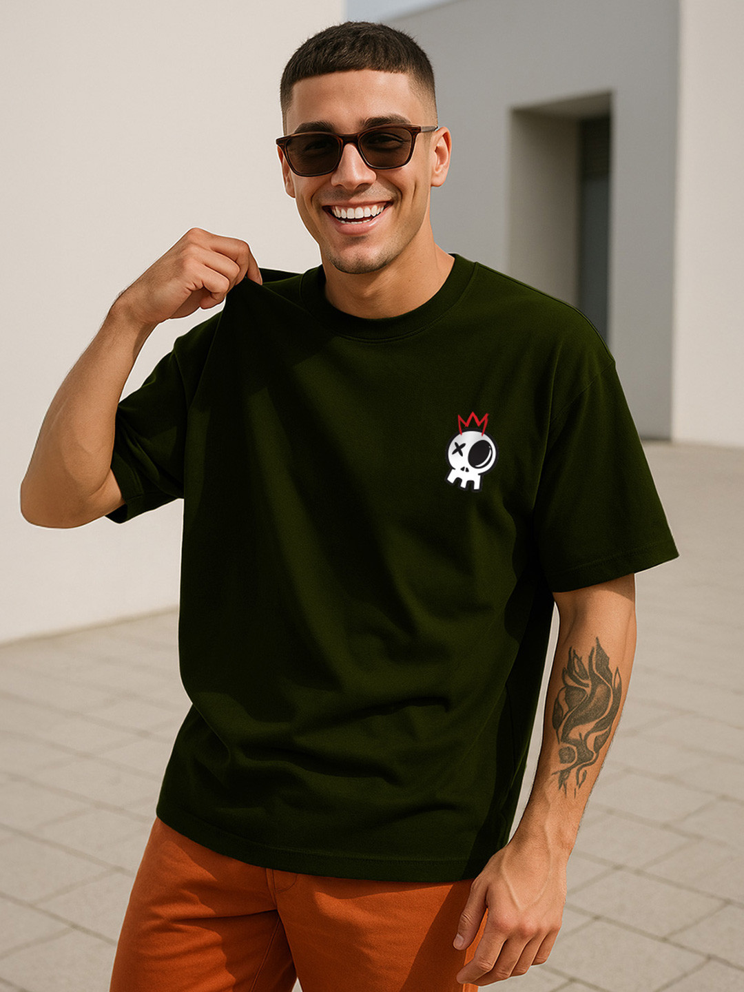 VEIRDO Men Olive Pocket Print Oversize T-shirt