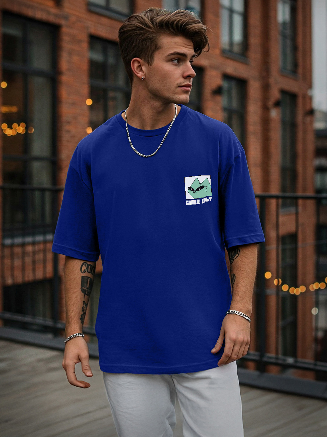 VEIRDO Men Blue Pocket Print Oversize T-shirt