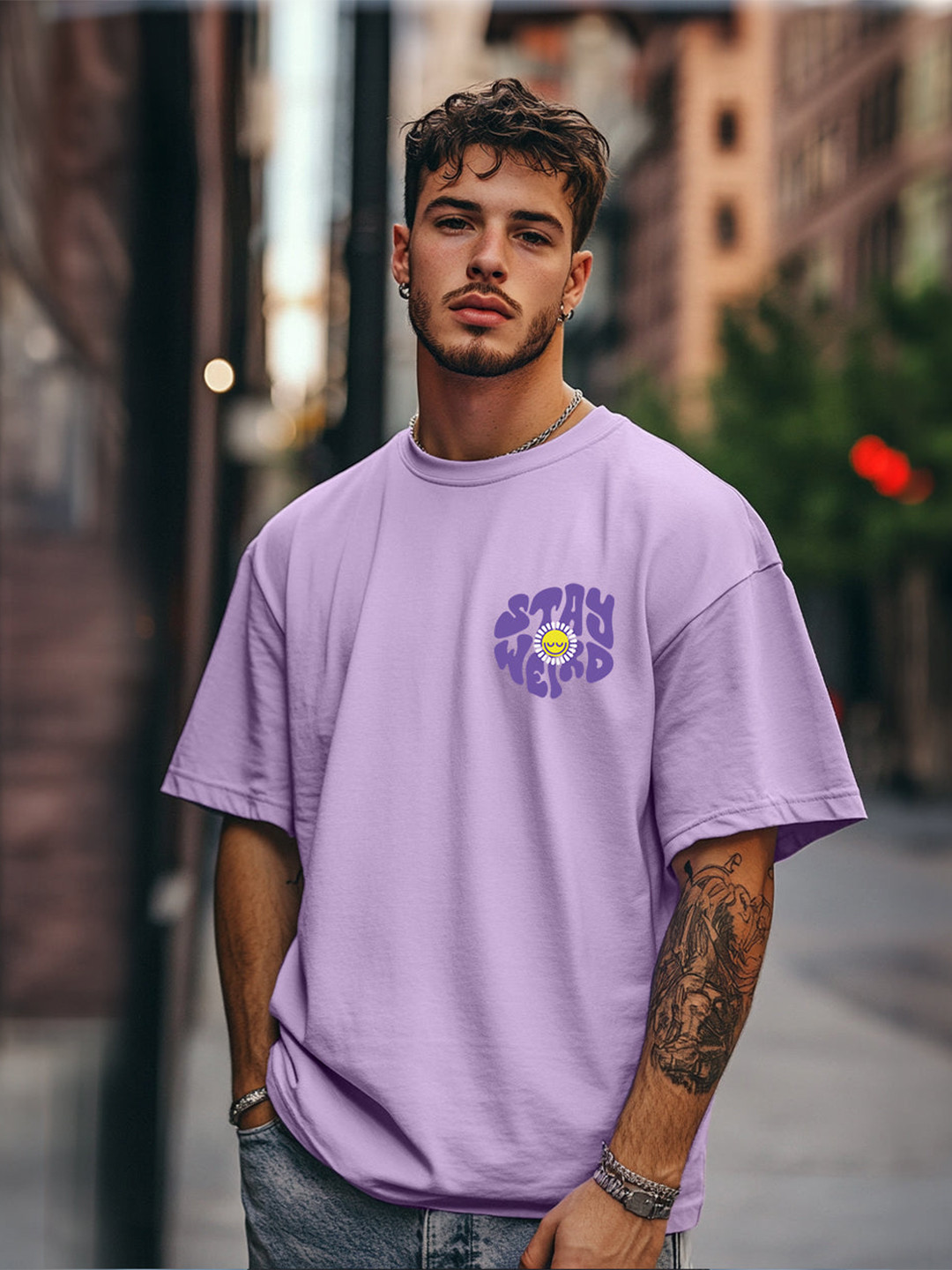 VEIRDO Men Purple Pocket Print Oversize T-shirt