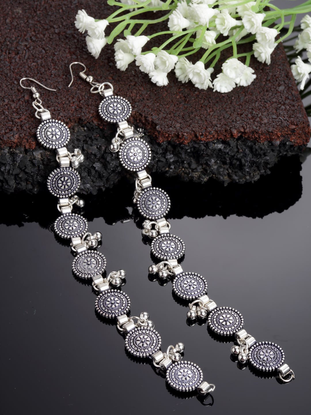 PANASH Women  Oxidised Silver-Plated Circular Ear Chains