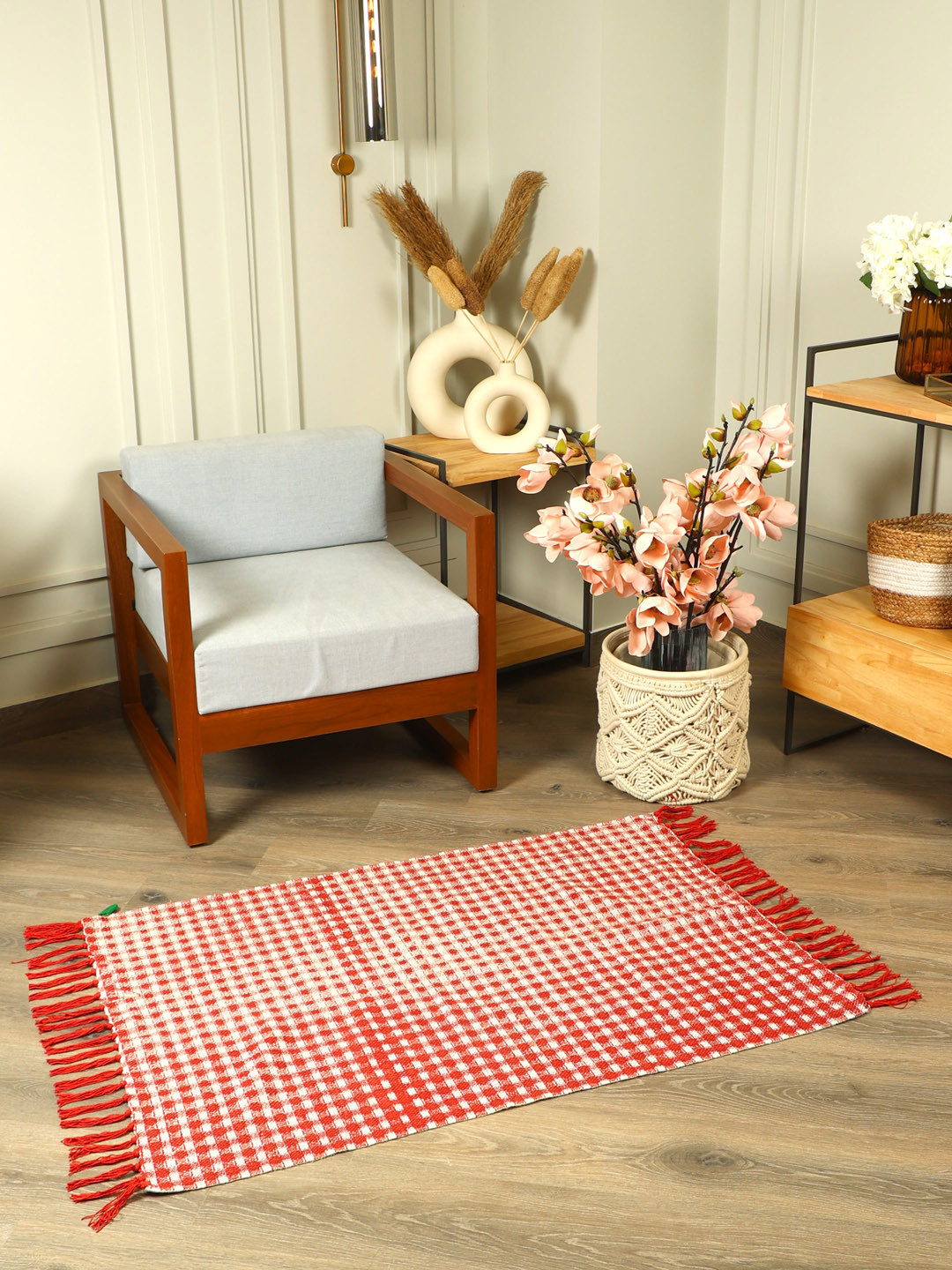 SASHAA WORLD Red & Cream Checks 2000 GSM Anti-Skid Rectangle Bath Rug