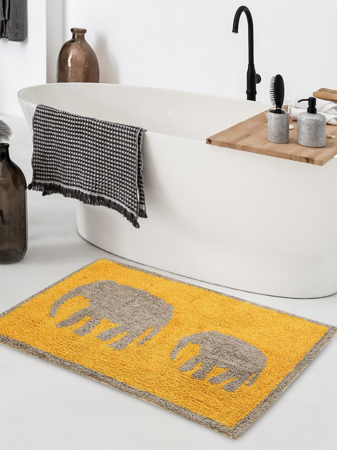 SASHAA WORLD Yellow & Grey Elephant Patterned Cotton Floor Mats