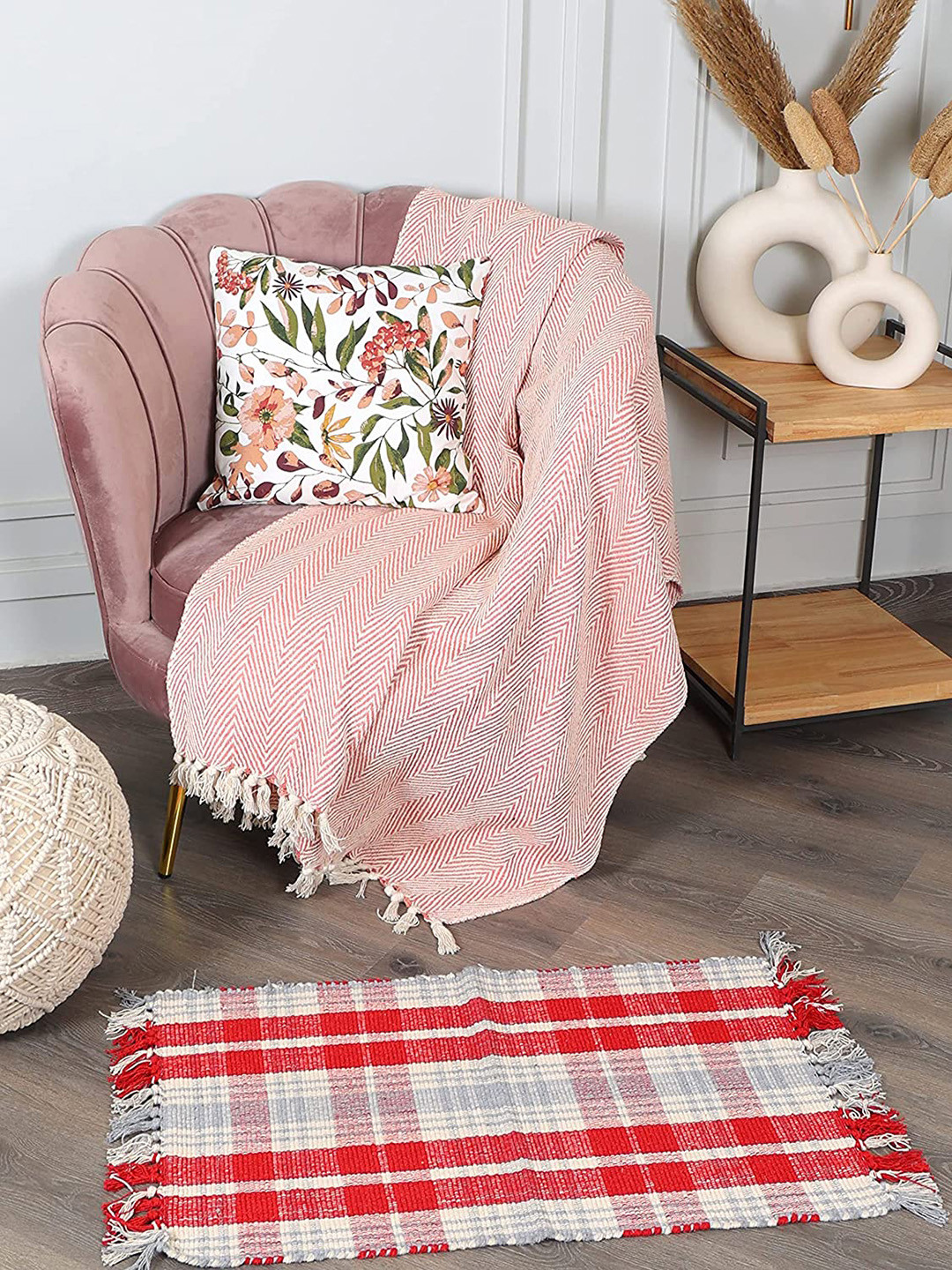 SASHAA WORLD Red & Grey Checked Cotton Floor Mat