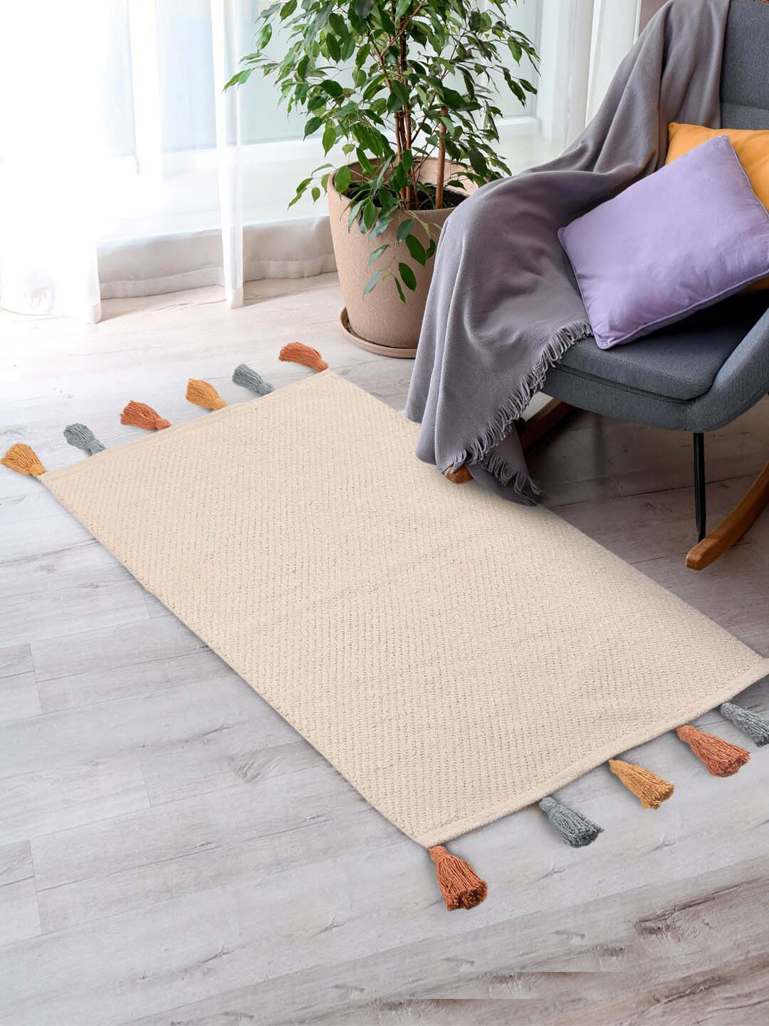 SASHAA WORLD Beige Textured 2000GSM Cotton Bath Rug