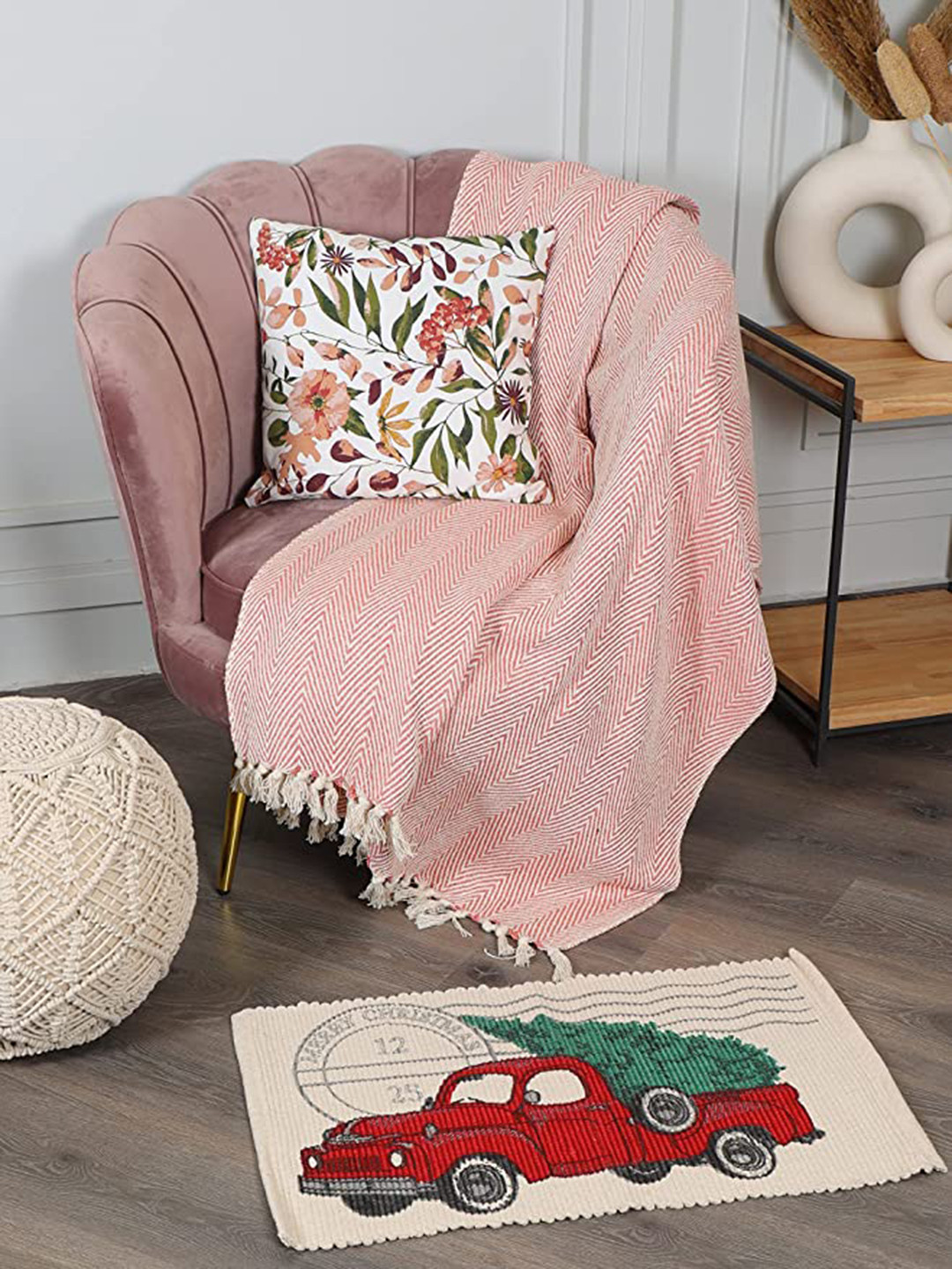 SASHAA WORLD Red & Beige Printed Cotton Floor Mat