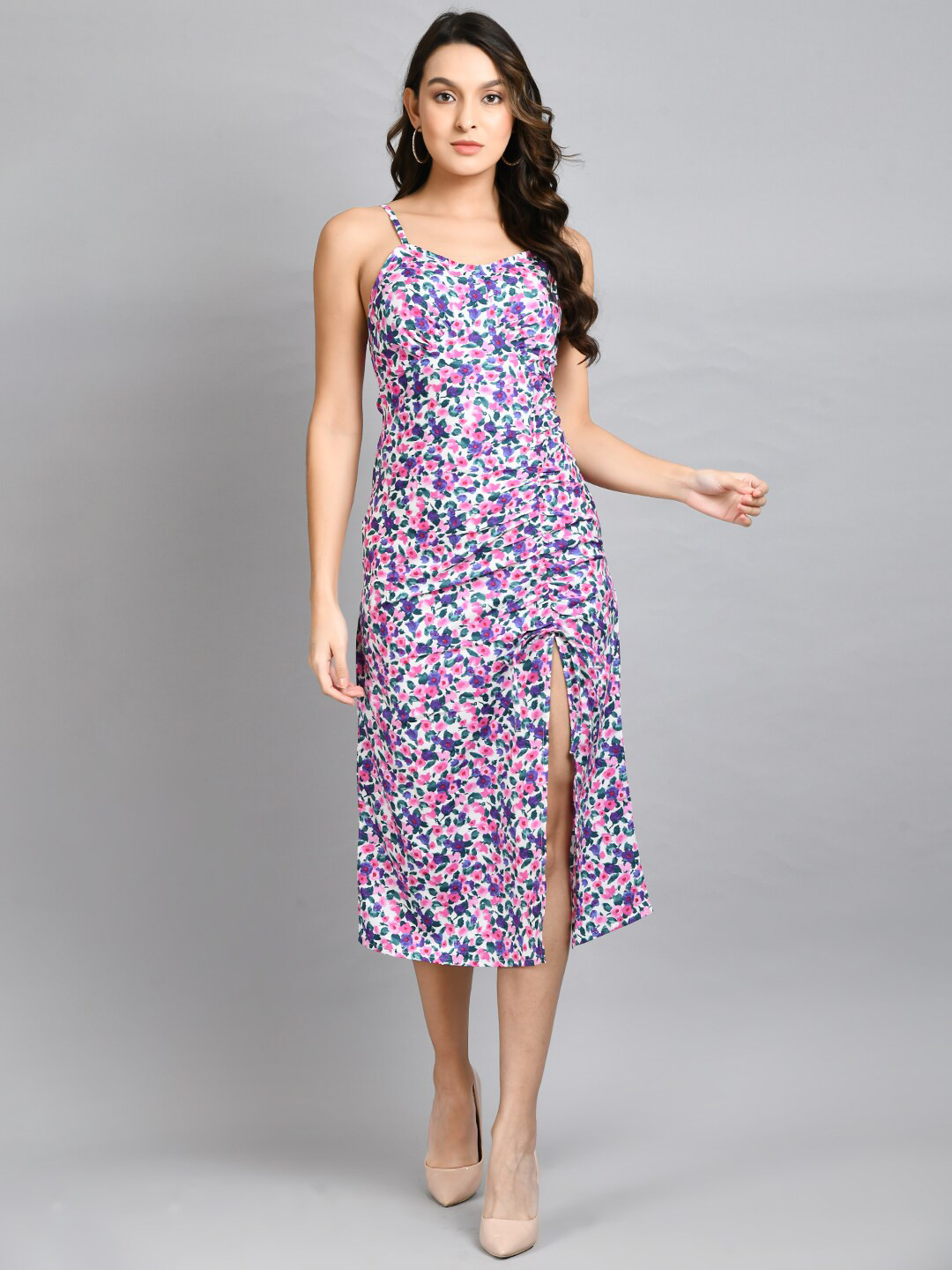 Fuchsia  Floral A-Line Midi Dress