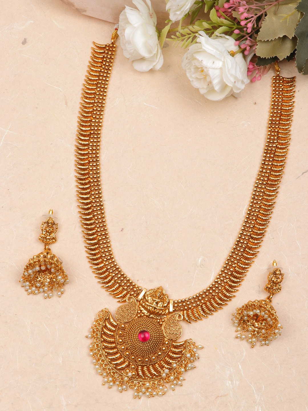 SwaDev Gold-Plated AD-Studded & Beaded Temple Jewellery Set