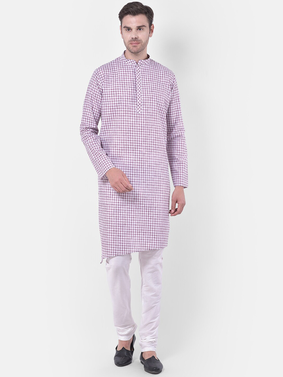 TABARD Checked Mandarin Collar Linen Kurta