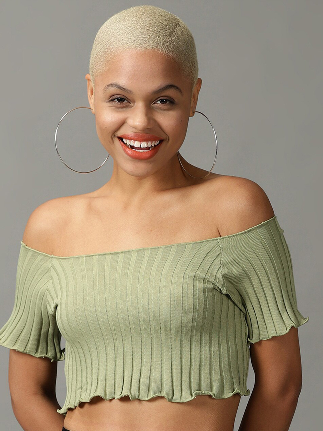 SHOWOFF Striped Off-Shoulder Bardot Acrylic Top