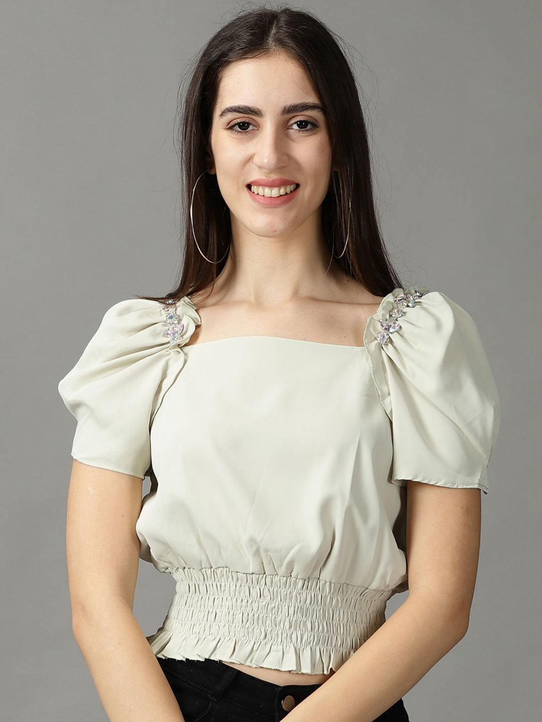 SHOWOFF Studded Blouson Crop Top