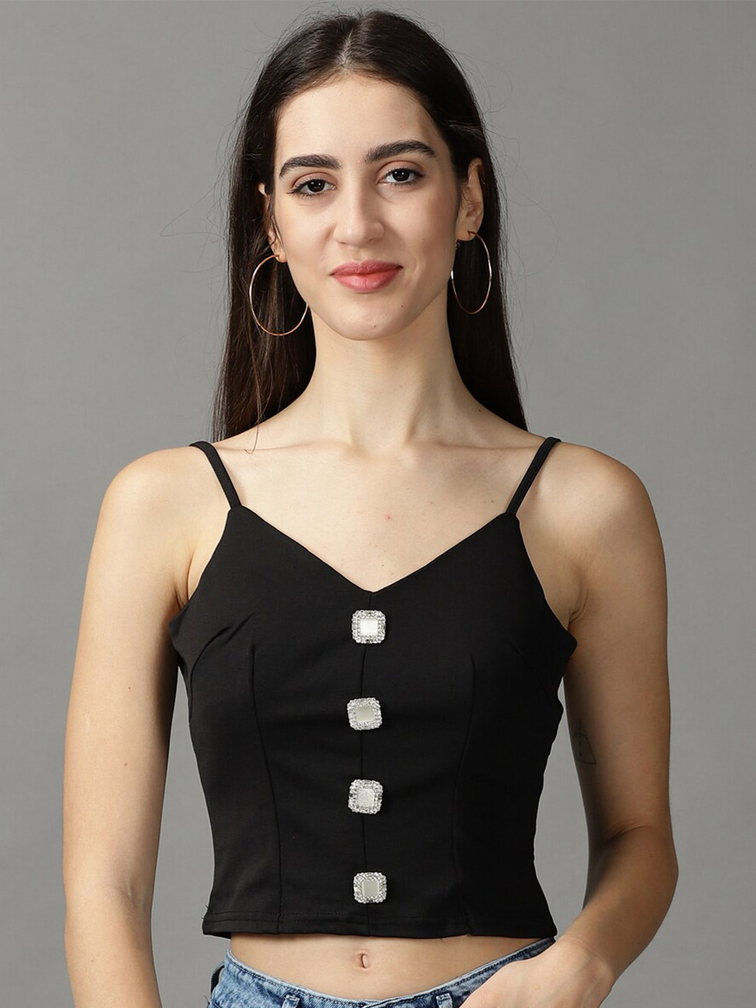 SHOWOFF Button Studded Fitted Crop Top
