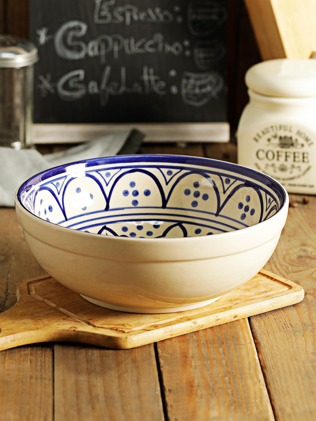 MIAH Decor Off-White & Blue Hand-Painted Ceramic Large Serving Bowl