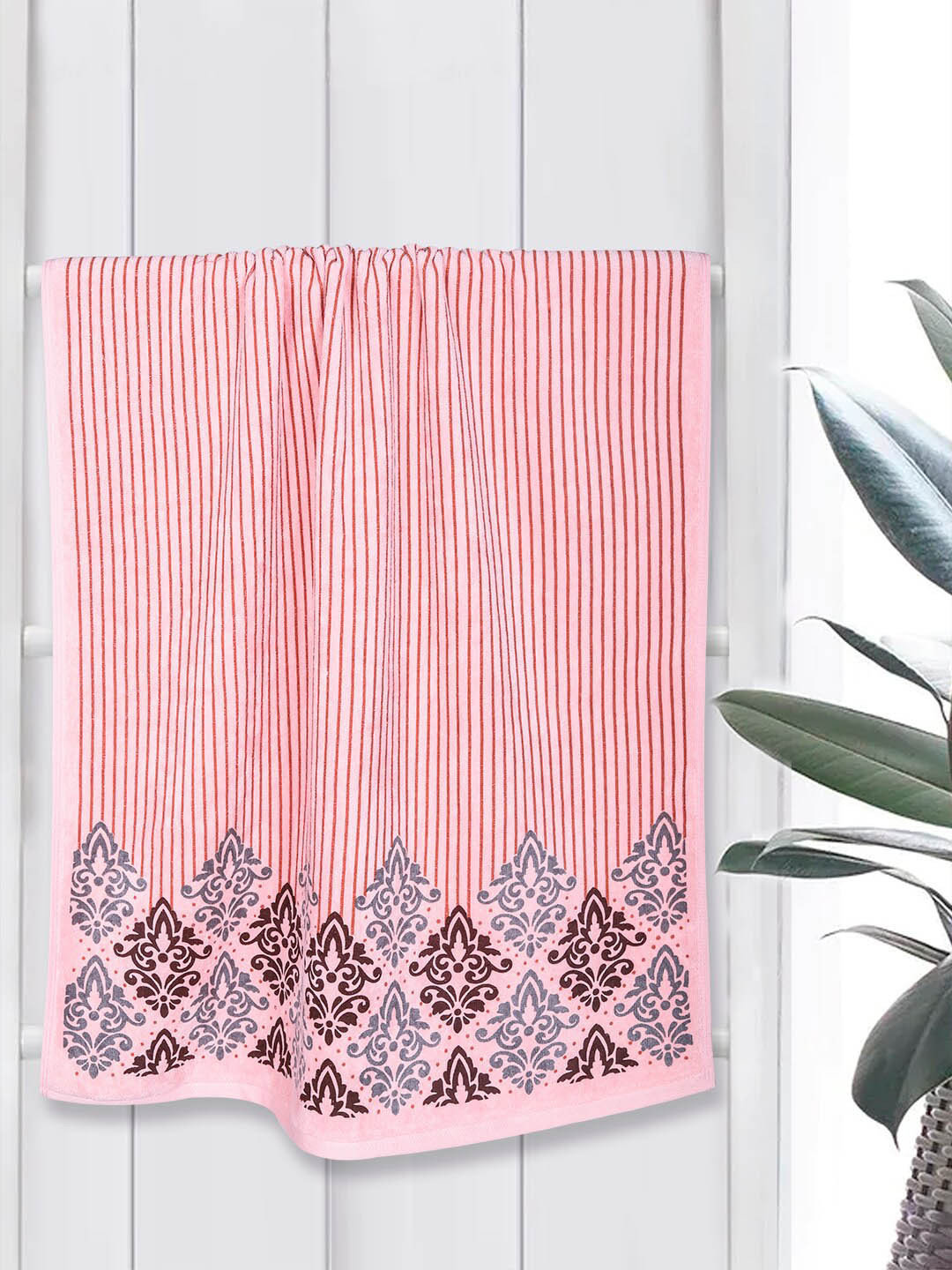 RANGOLI Emperial Pink & Grey Set Of 3 Printed 450GSM Pure Cotton Towel Set