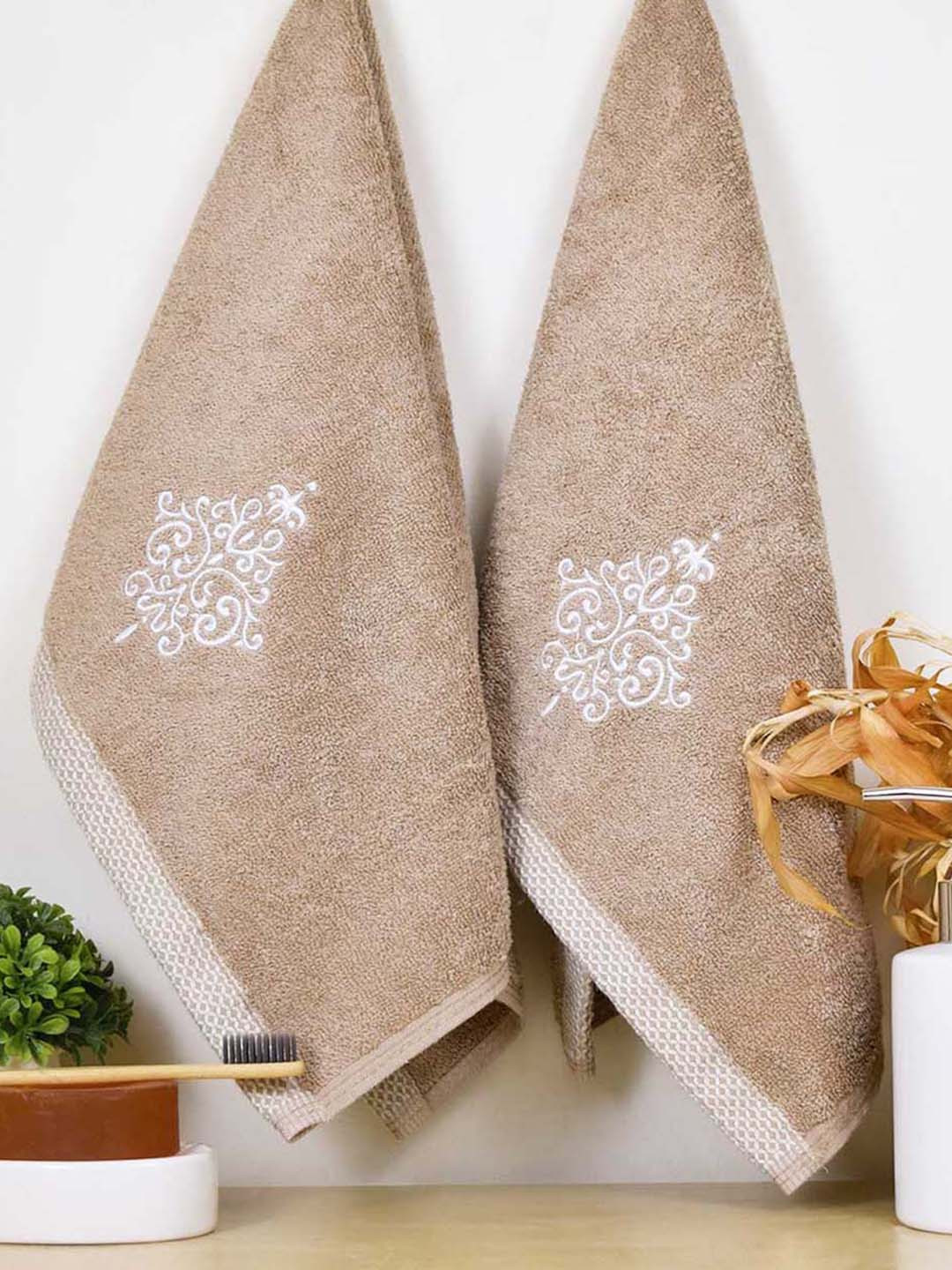 RANGOLI Beige Set of 2 Self Design Organic Royal Bamboo Hand Towels