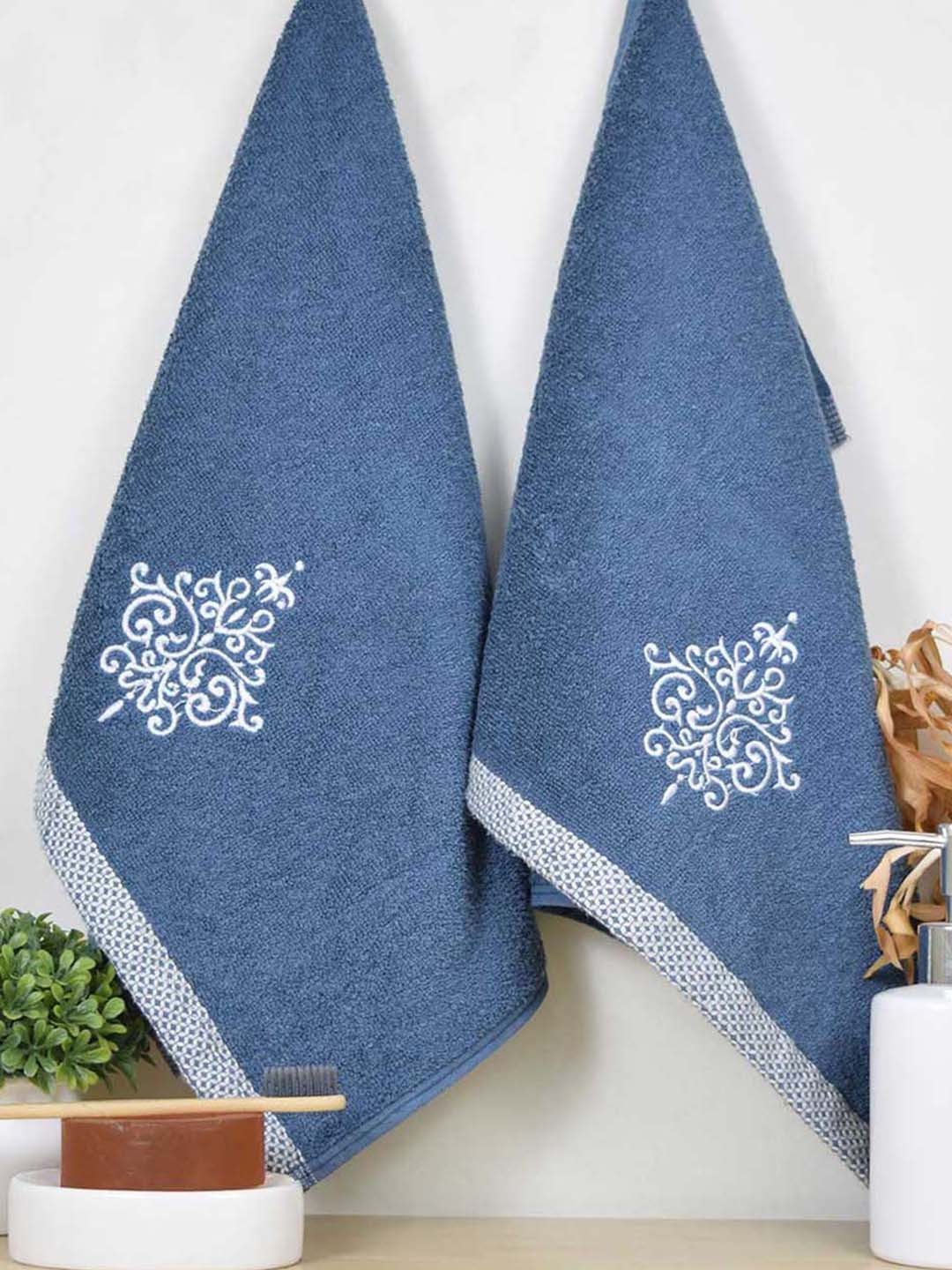 RANGOLI Blue Pack Of 2 Printed Organic Royal Bamboo 600Gsm Towel Set