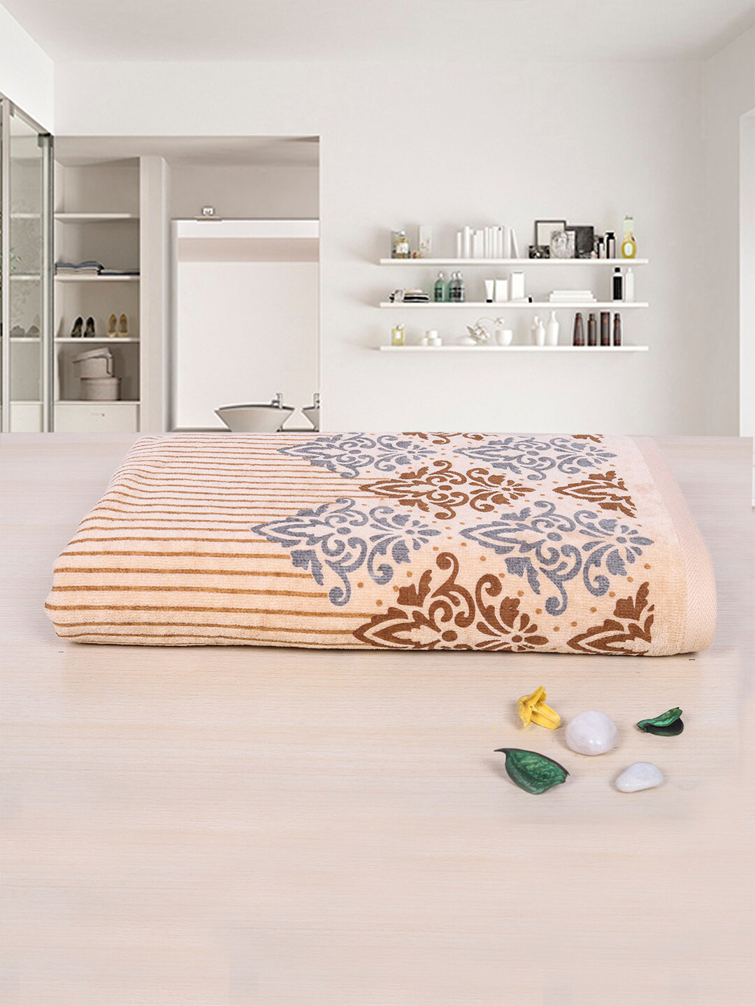 RANGOLI Emperial Beige & Grey Self-Design 450 GSM Pure Cotton Bath Towels