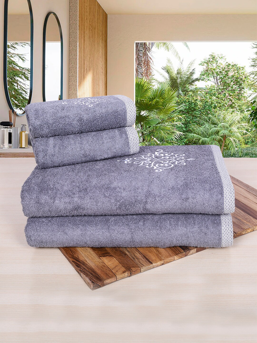 RANGOLI Grey Pack Of 4 Printed 600Gsm Organic Royal Bamboo Towel Set