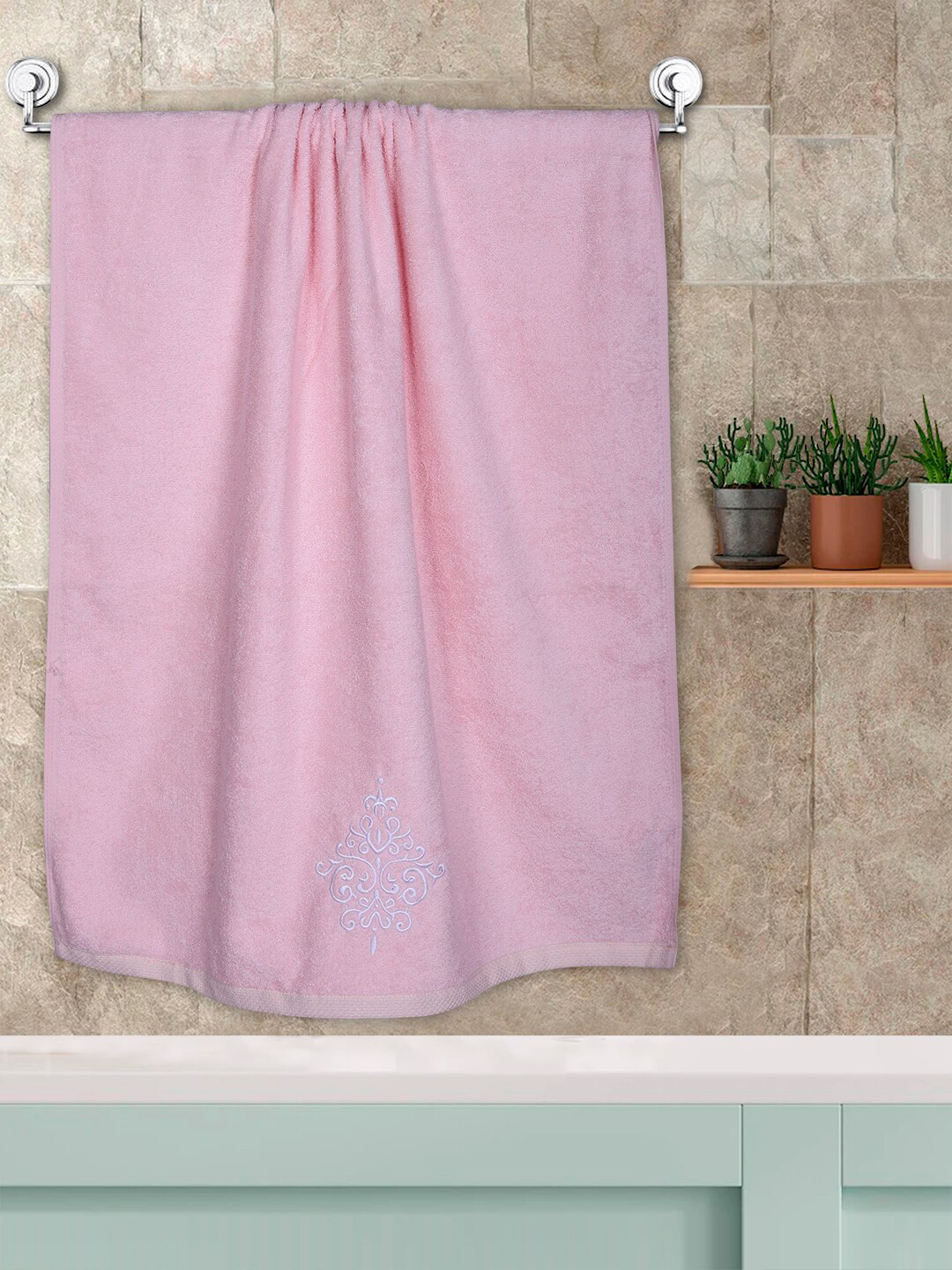RANGOLI Pink Self Design 600 GSM Organic Royal Bamboo Bath Towels