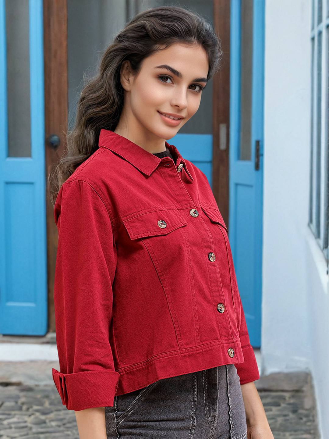 Freehand by The Indian Garage Co Women Crop Cotton Outdoor Denim Jacket