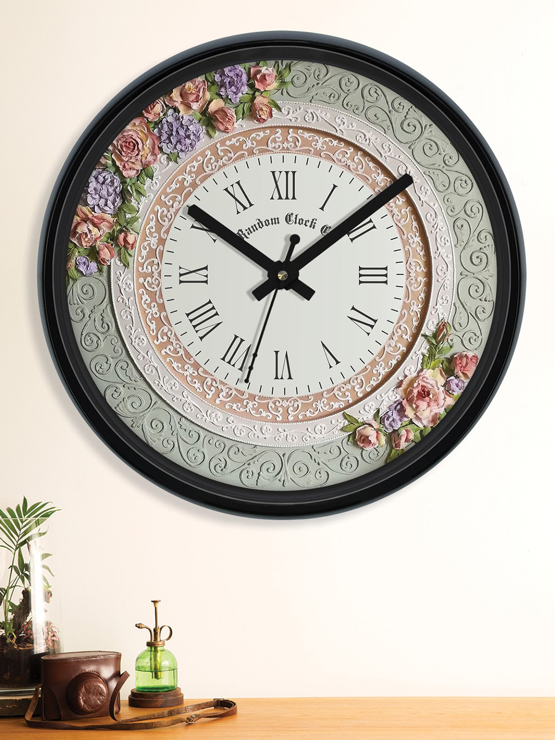 RANDOM Black & Sea Green 3D Flowers Contemporary Analogue Wall Clock
