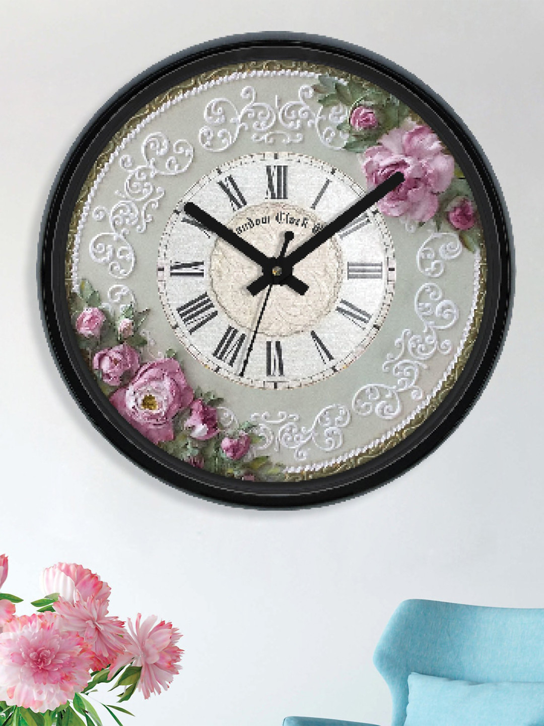 RANDOM White & Black 3D Floral Analogue Wall Clock