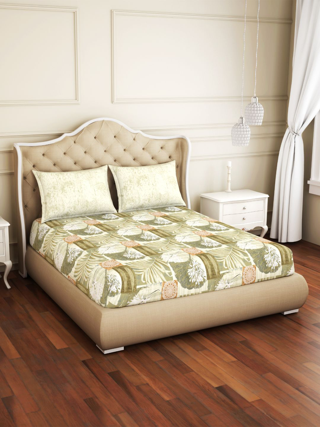 SPACES Atrium Beige Floral Cotton Breathable 144 TC Queen Bedsheet with 2 Pillow Covers-224 x 274 cm