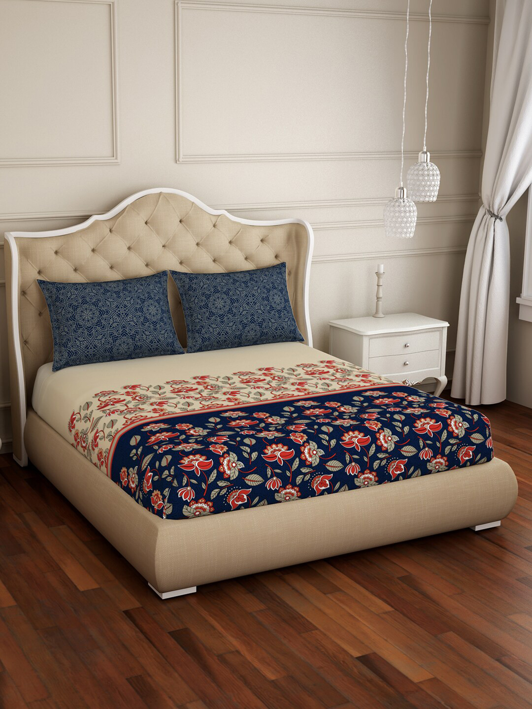 SPACES Atrium Plus Blue Floral Pure Cotton Skin-Friendly 210 TC Queen Fine Bedsheet with 2 Pillow Covers-88 x 108 inches