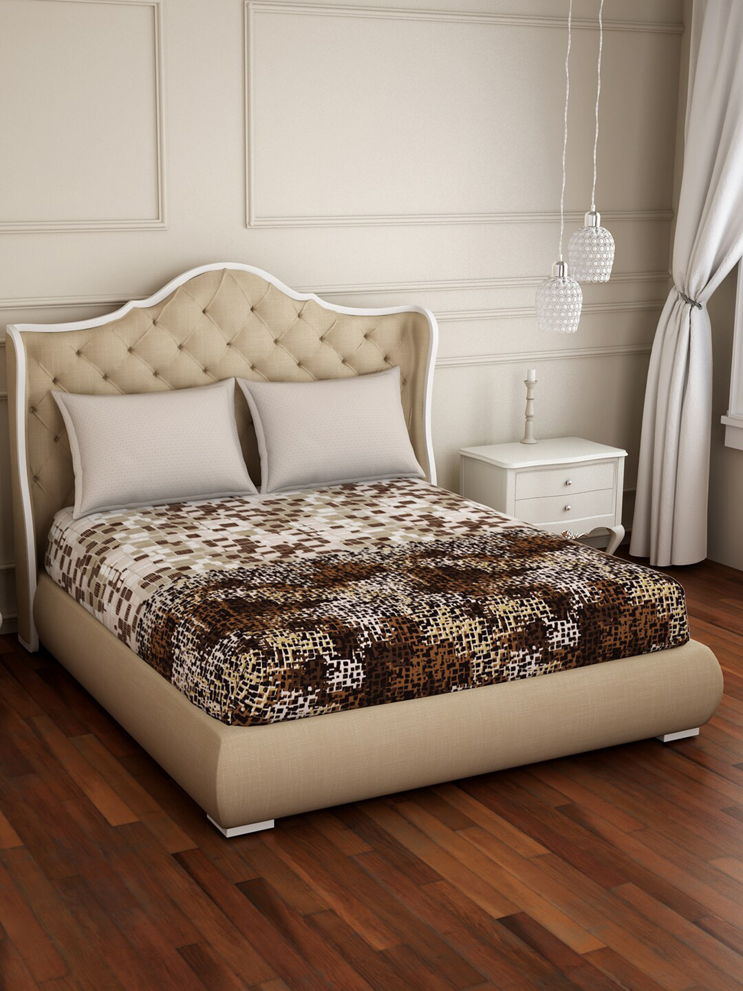 SPACES Atrium Plus Brown Geometric Pure Cotton Skin-Friendly 210 TC Queen Fine Bedsheet with 2 Pillow Covers-88 x 108 inches