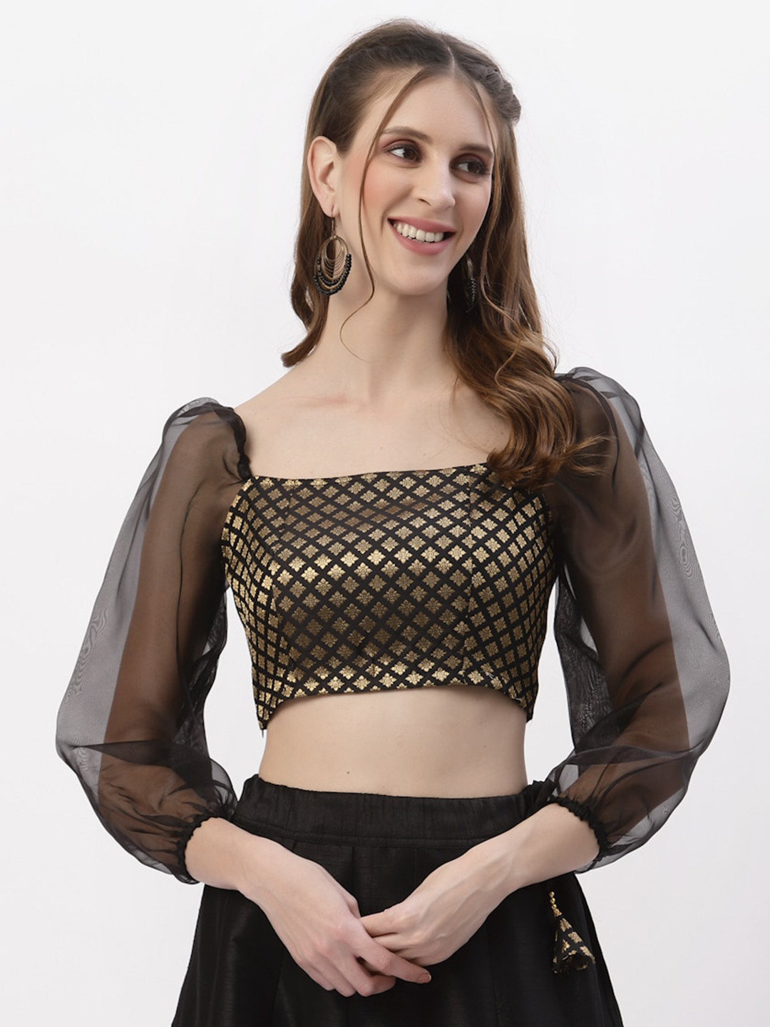 studio rasa Printed Cuffed Sleeves Sheen Pure Silk Crop Top