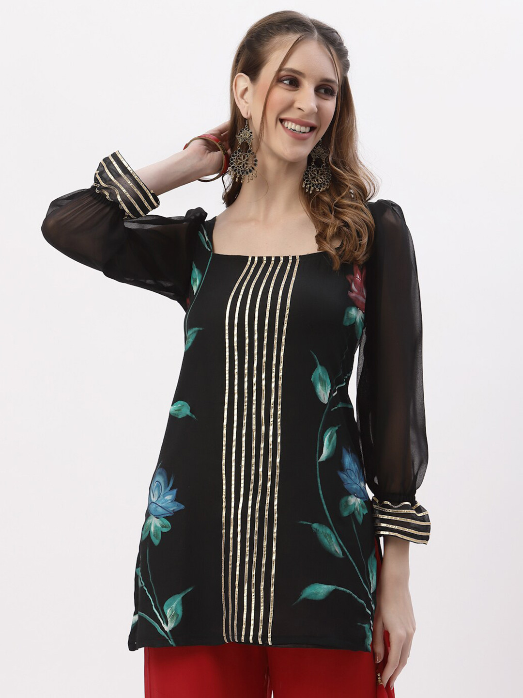 studio rasa Floral Embellished Square Neck Gotta Patti Kurti