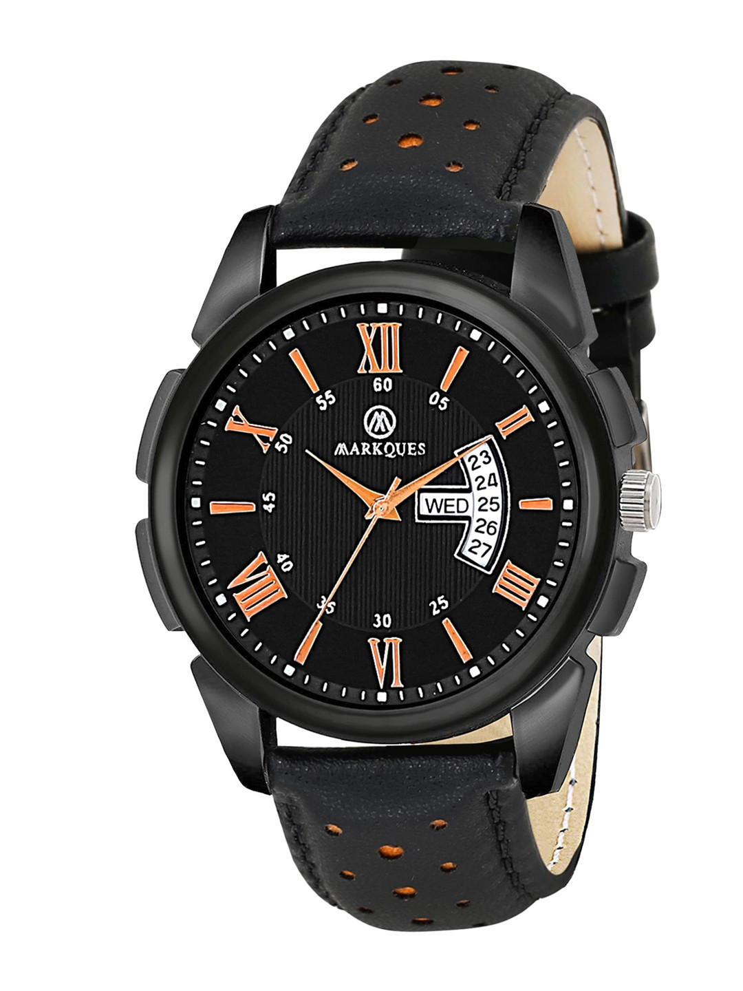 MARKQUES Men Black Printed Dial & Black Leather Straps Analogue Watch IND-77010104-Black