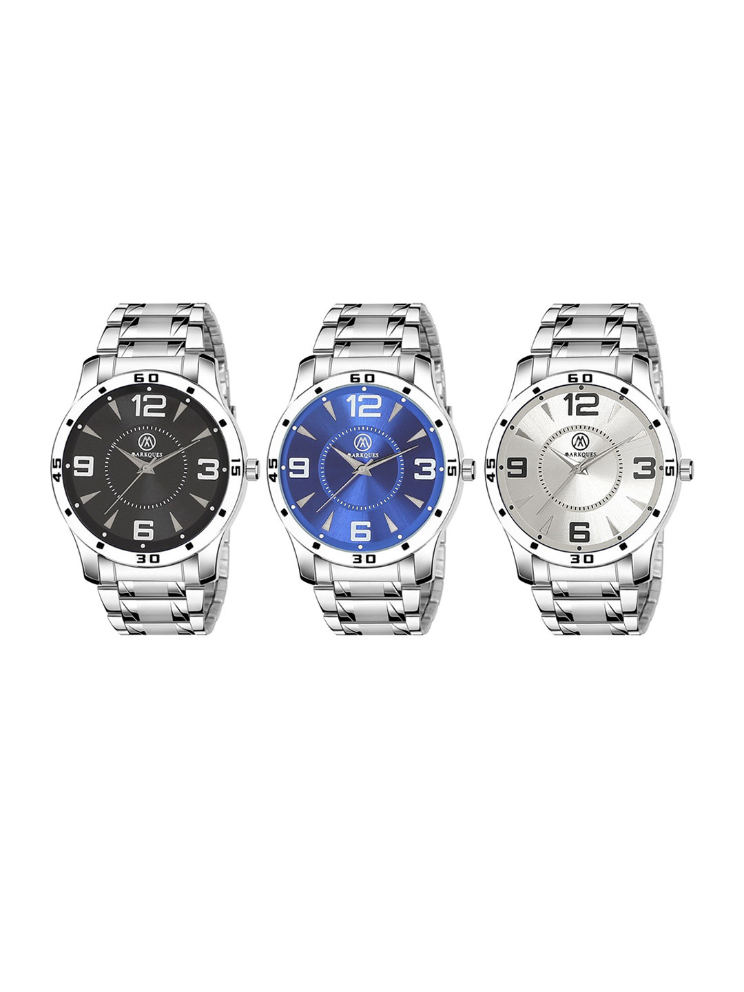 MARKQUES Men Pack of 3 Stainless Steel Bracelet Style Straps Analogue Watch