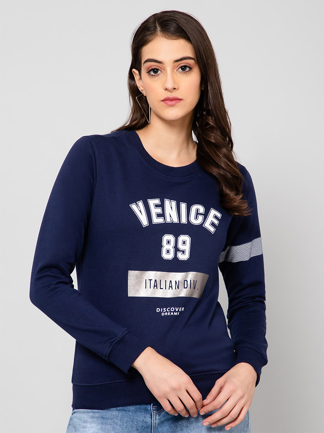 Crozo By Cantabil Women Printed Round Neck Fleece Sweatshirt