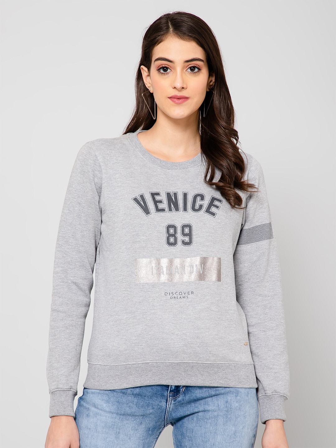 Crozo By Cantabil Women Printed Round Neck Fleece Sweatshirt