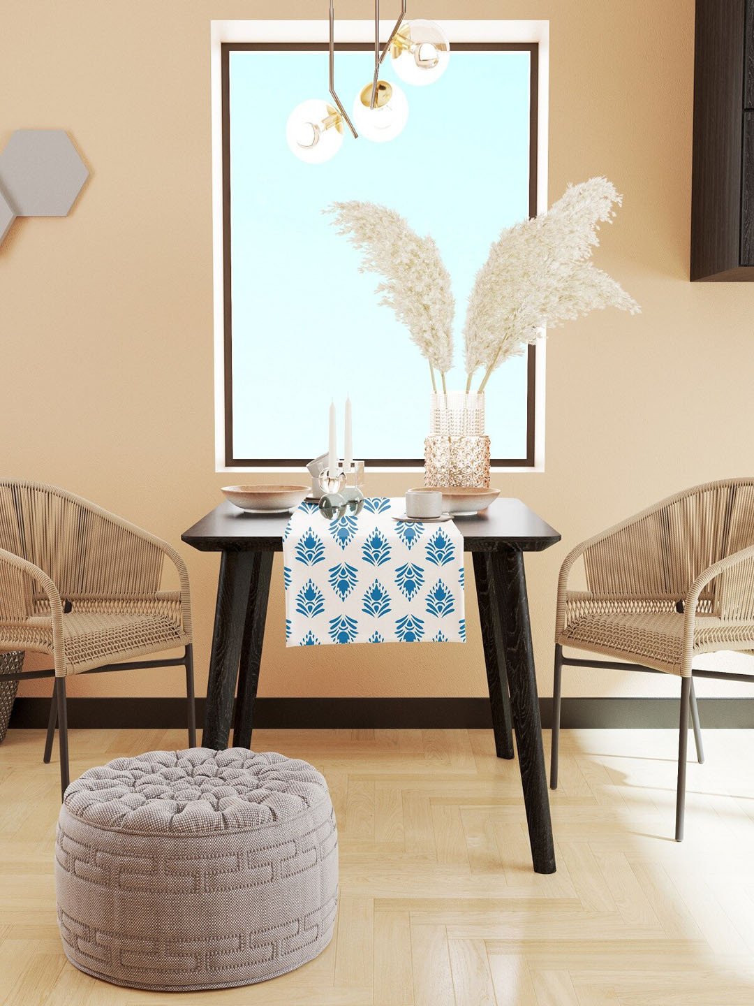 STITCHNEST White & Blue Cotton Canvas Printed Table Runner