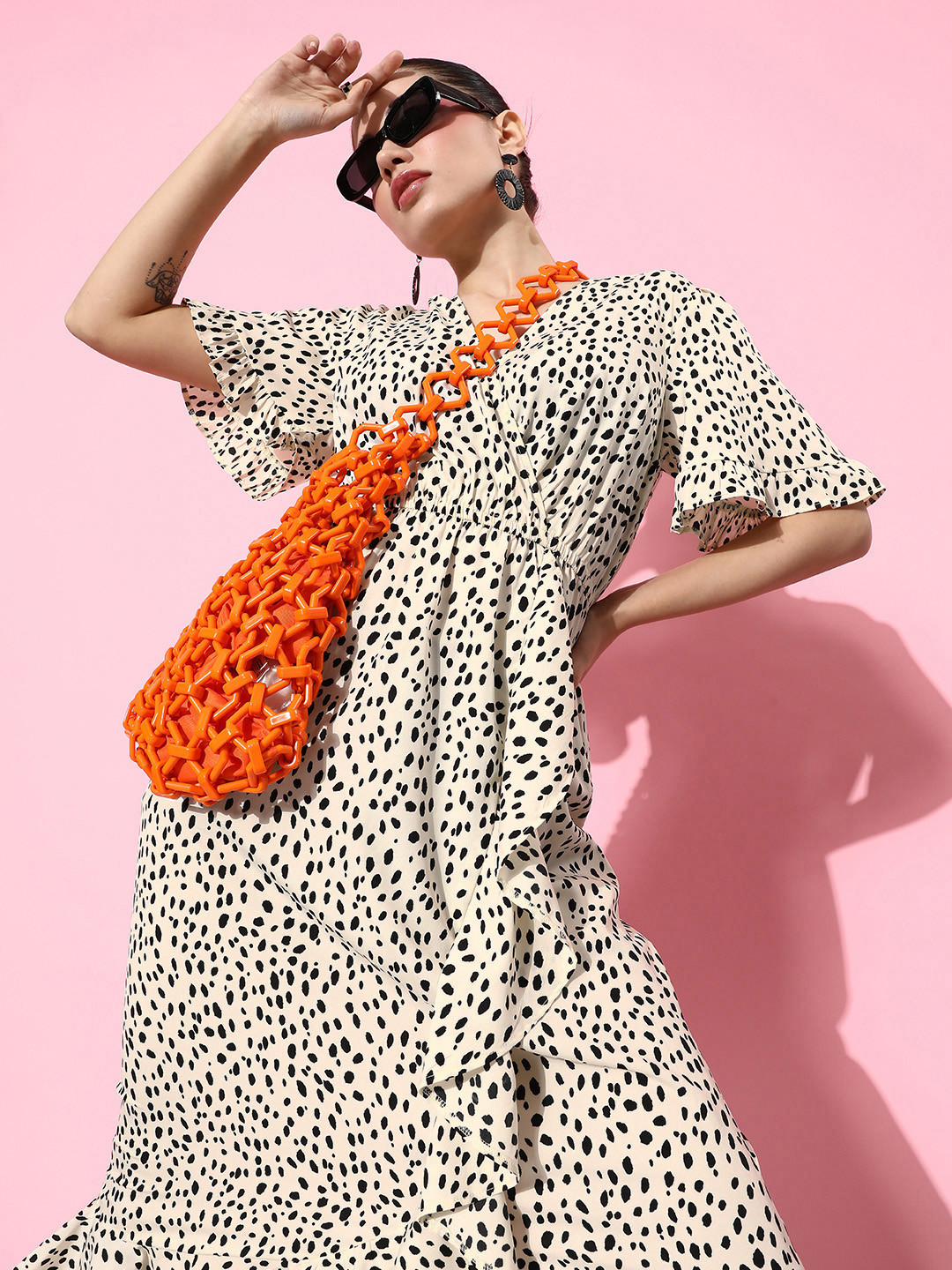 EVERYDAY by ANI White & Black EVERYDAY by ANImal Print Crepe Midi Dress With Ruffles