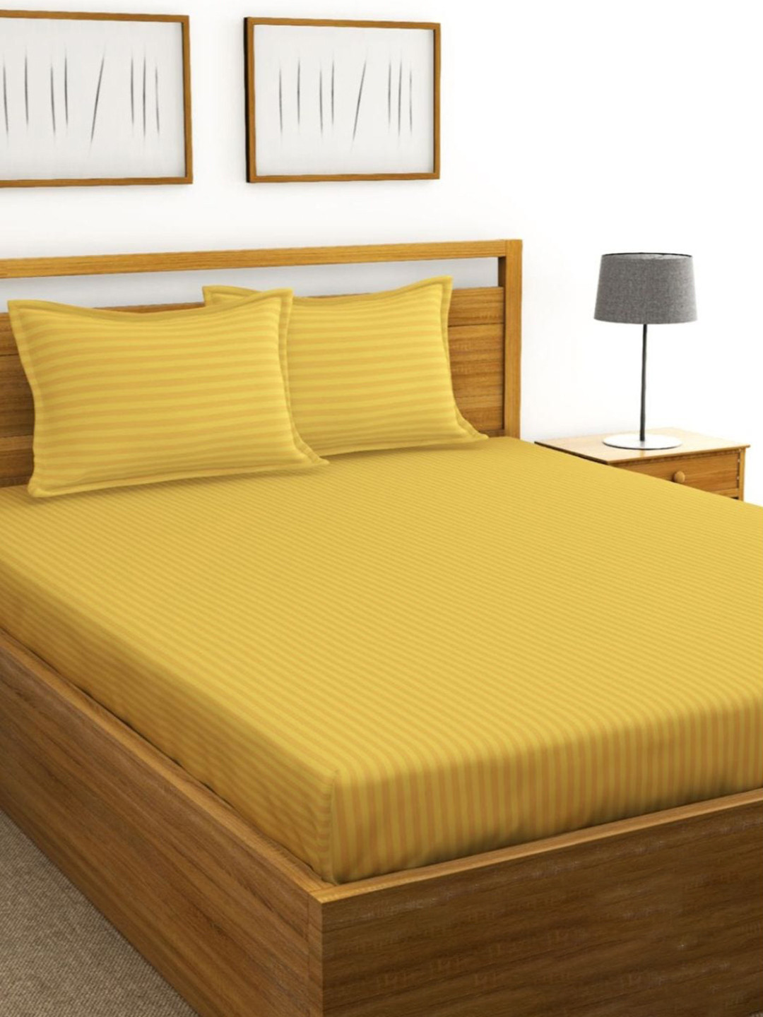 BIANCA Mustard Yellow Striped Cotton 210 TC King Bedsheet with 2 Pillow Covers & 2 Pillows