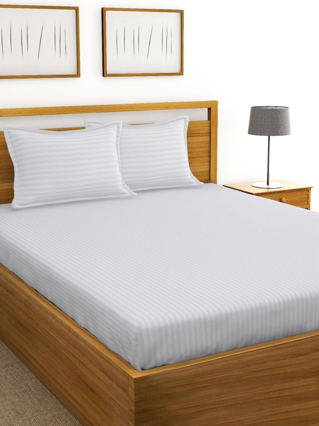 BIANCA White & Grey Striped Cotton 210 TC King Bedsheet with 2 Pillow Covers & 2 Pillows