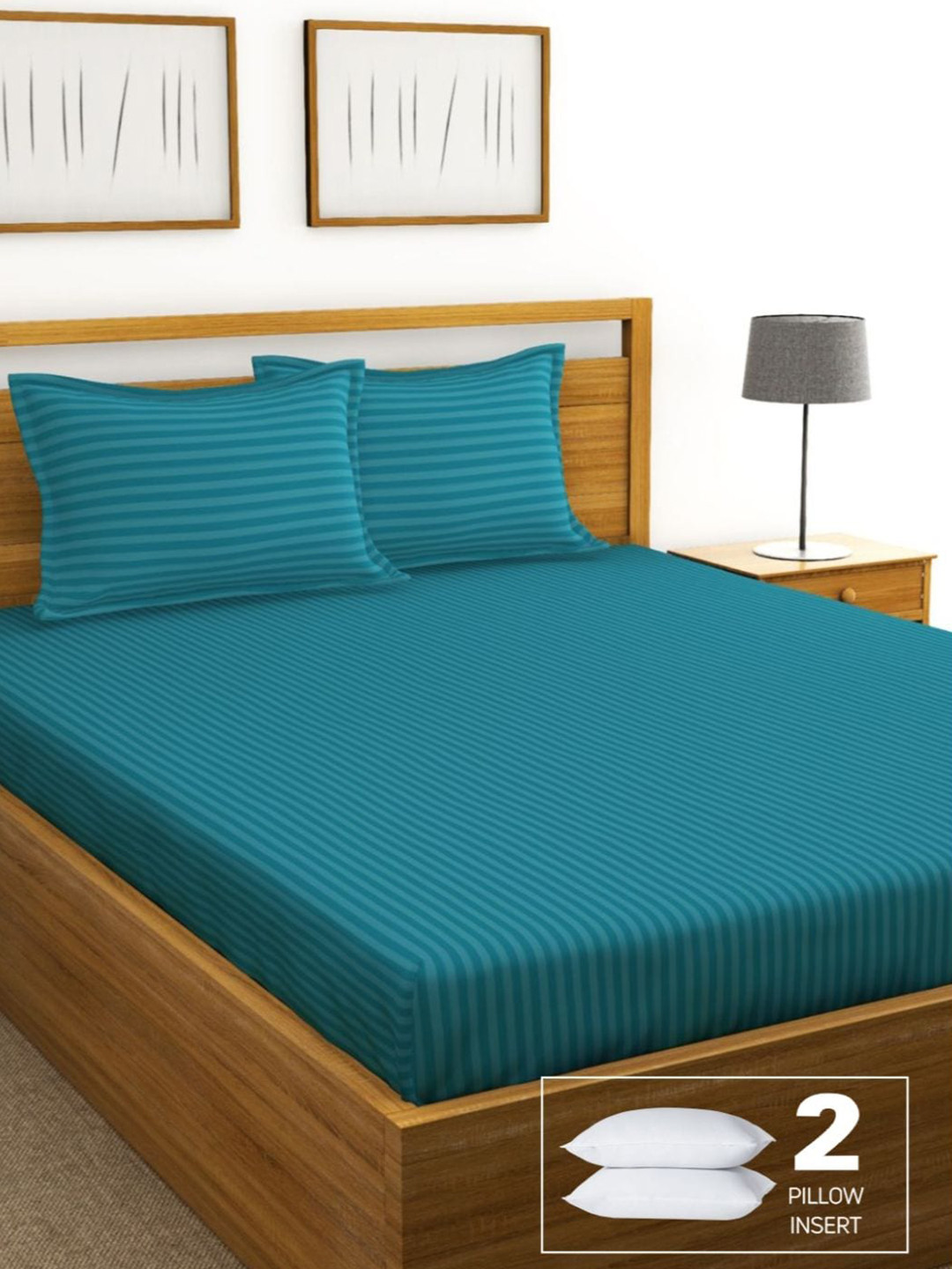 BIANCA Blue Striped 210 TC Cotton King Bedsheet with 2 Pillow Covers & 2 Pillows