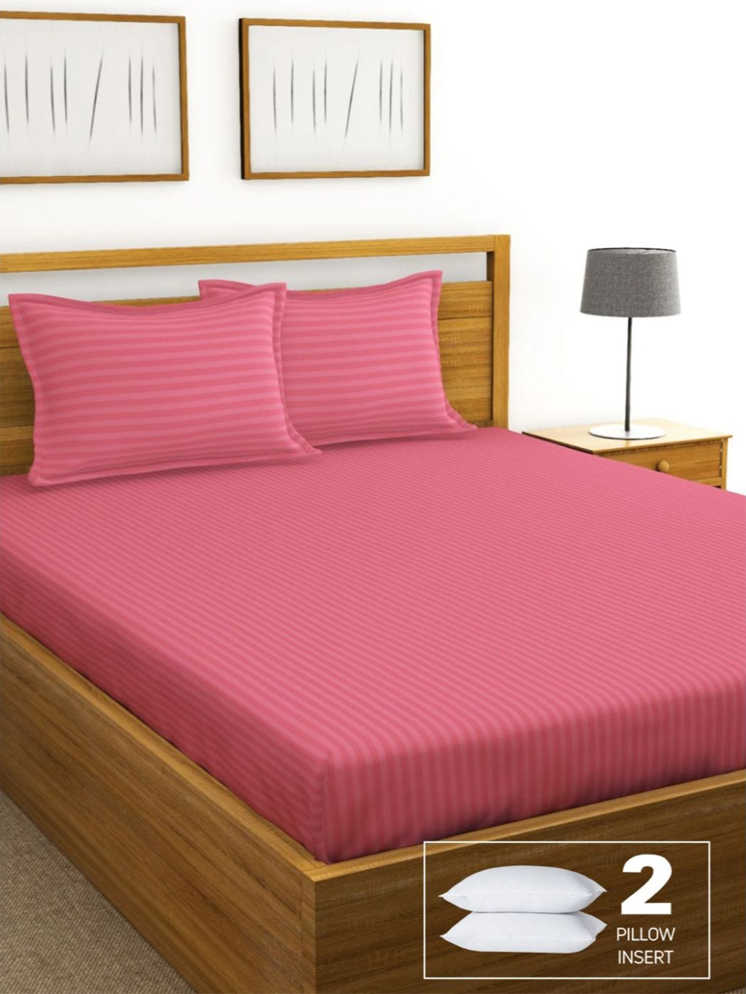 BIANCA Pink Striped 210 TC King Bedsheet with 2 Pillow Covers