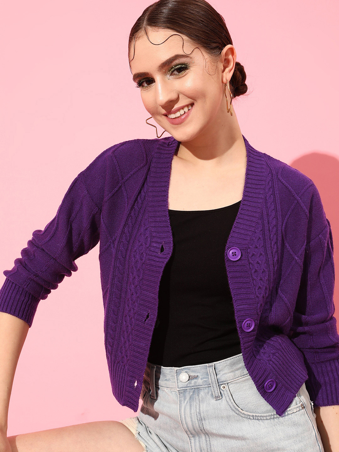 STREET 9 Cable Knit Self Design Cardigan