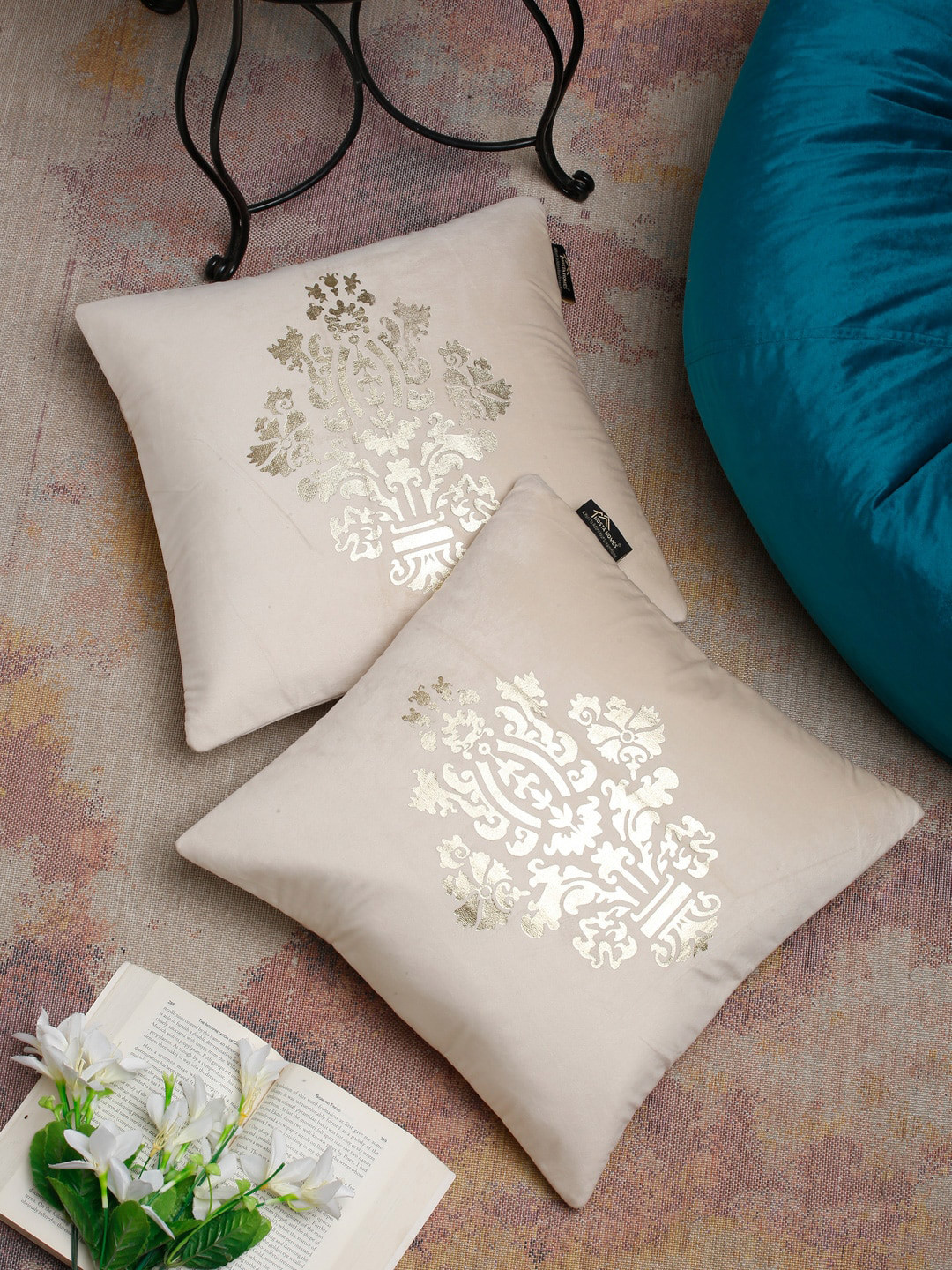 HOSTA HOMES Cream & Gold Set of 2 Ethnic Motifs Velvet Square Cushion Covers