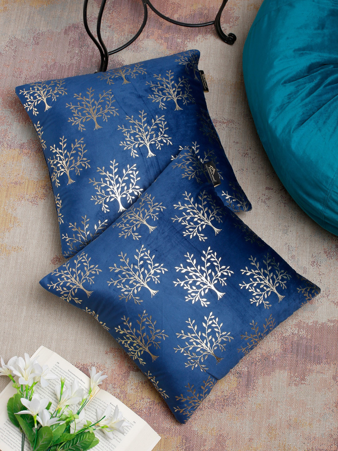 HOSTA HOMES Foil Print Ethnic Motifs Velvet Durable 2 Pcs Square Cushion Covers -16x16In