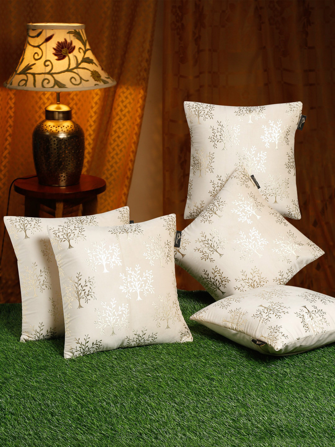 HOSTA HOMES Soft Foil Cream Floral Velvet Durable 5 Pcs Square Cushion Covers - 16 x 16 In