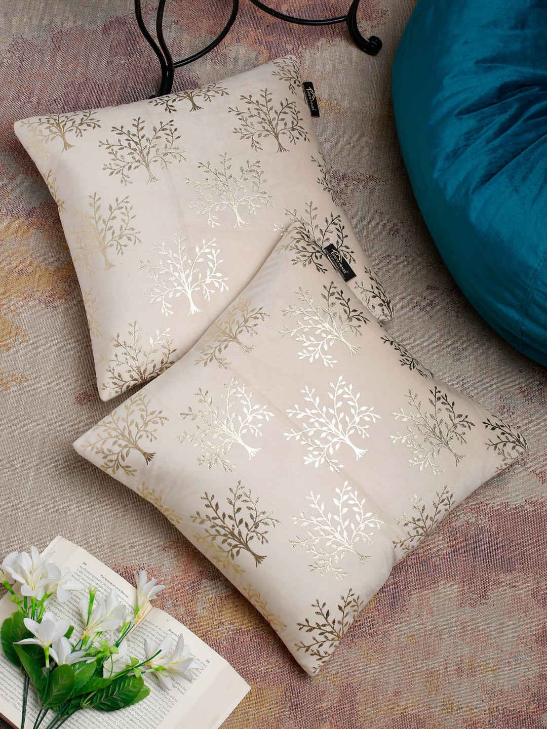 HOSTA HOMES Foil Print Cream Floral Velvet Durable 2 Piece Square Cushion Covers -16x16In