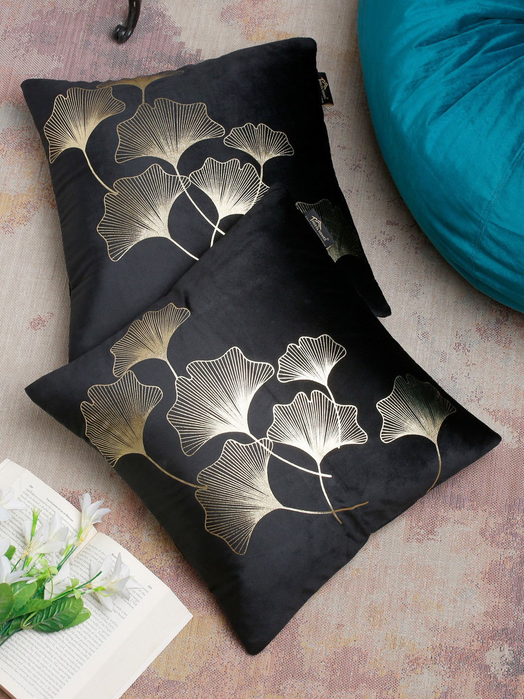 HOSTA HOMES Printed Black Leaf Velvet Durable 2 Piece Square Cushion Covers -16x16In